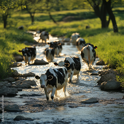 Obraz na płótnie Herd of Dairy Cows Wading Through a Shallow Stream w salonie