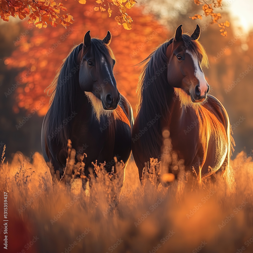 Pair of Brown Shire Horses in a Golden Autumn Landscape