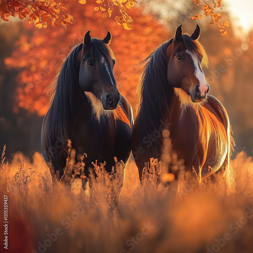 Obraz na płótnie Pair of Brown Shire Horses in a Golden Autumn Landscape w salonie
