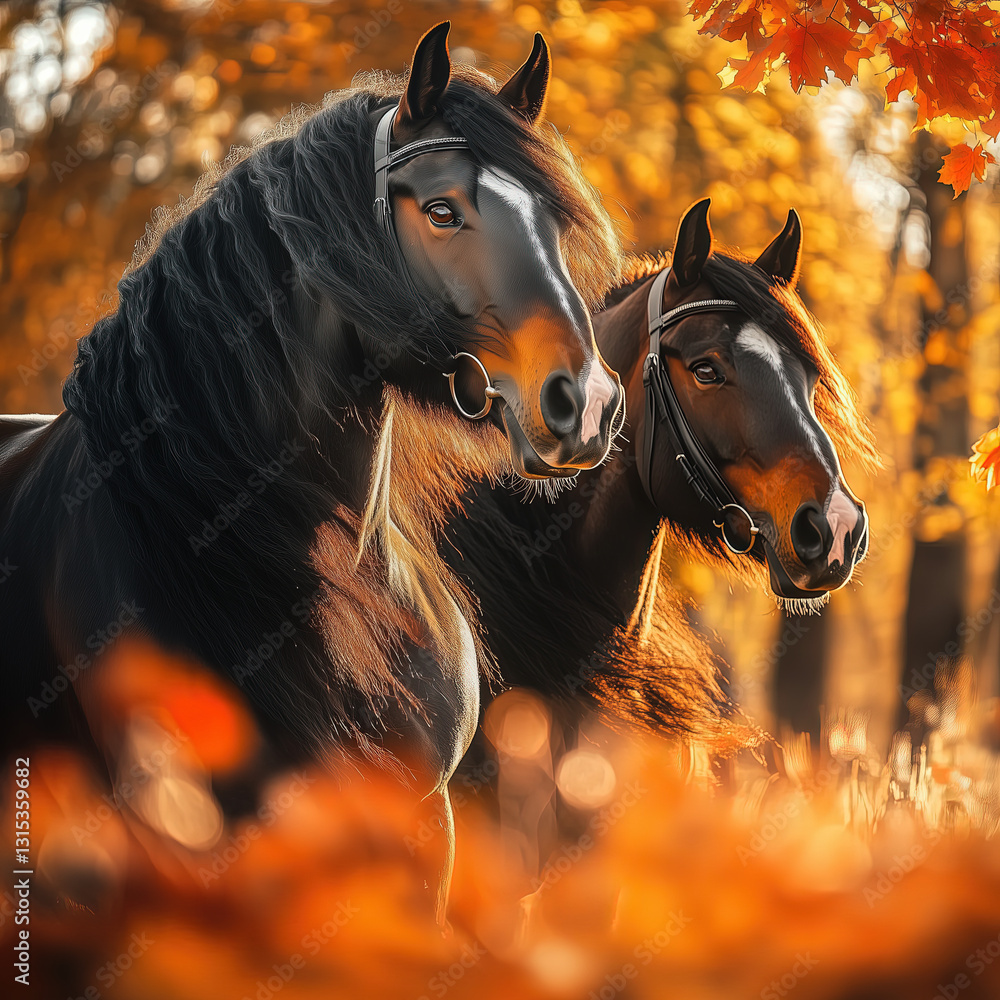 Pair of Brown Shire Horses in a Golden Autumn Landscape
