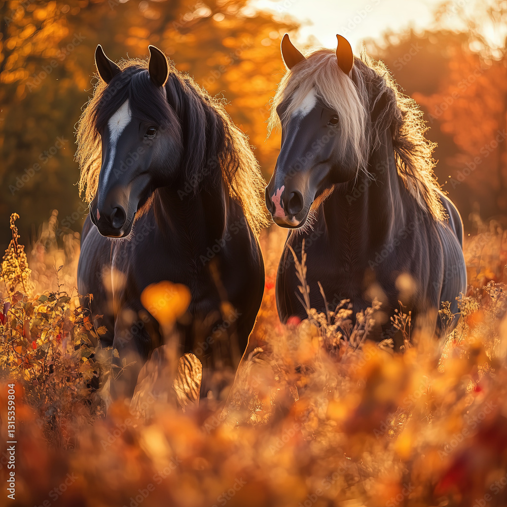 Pair of Brown Shire Horses in a Golden Autumn Landscape