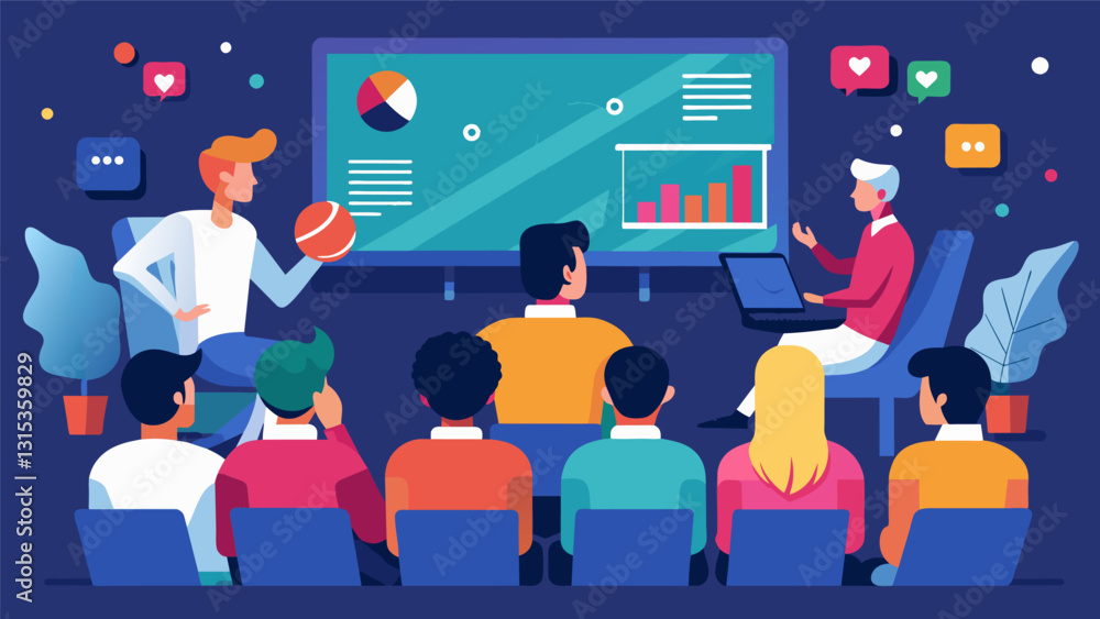 The audience becomes a part of the game eagerly analyzing and discussing the realtime sports analytics displayed on the screens with each other.. Vector illustration The audience becomes a part of the game eagerly analyzing and discussing the realtime sports analytics displayed on the screens with each other.. Vector illustration