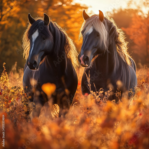 Obraz na płótnie Pair of Brown Shire Horses in a Golden Autumn Landscape w salonie