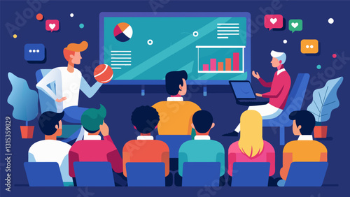 The audience becomes a part of the game eagerly analyzing and discussing the realtime sports analytics displayed on the screens with each other.. Vector illustration