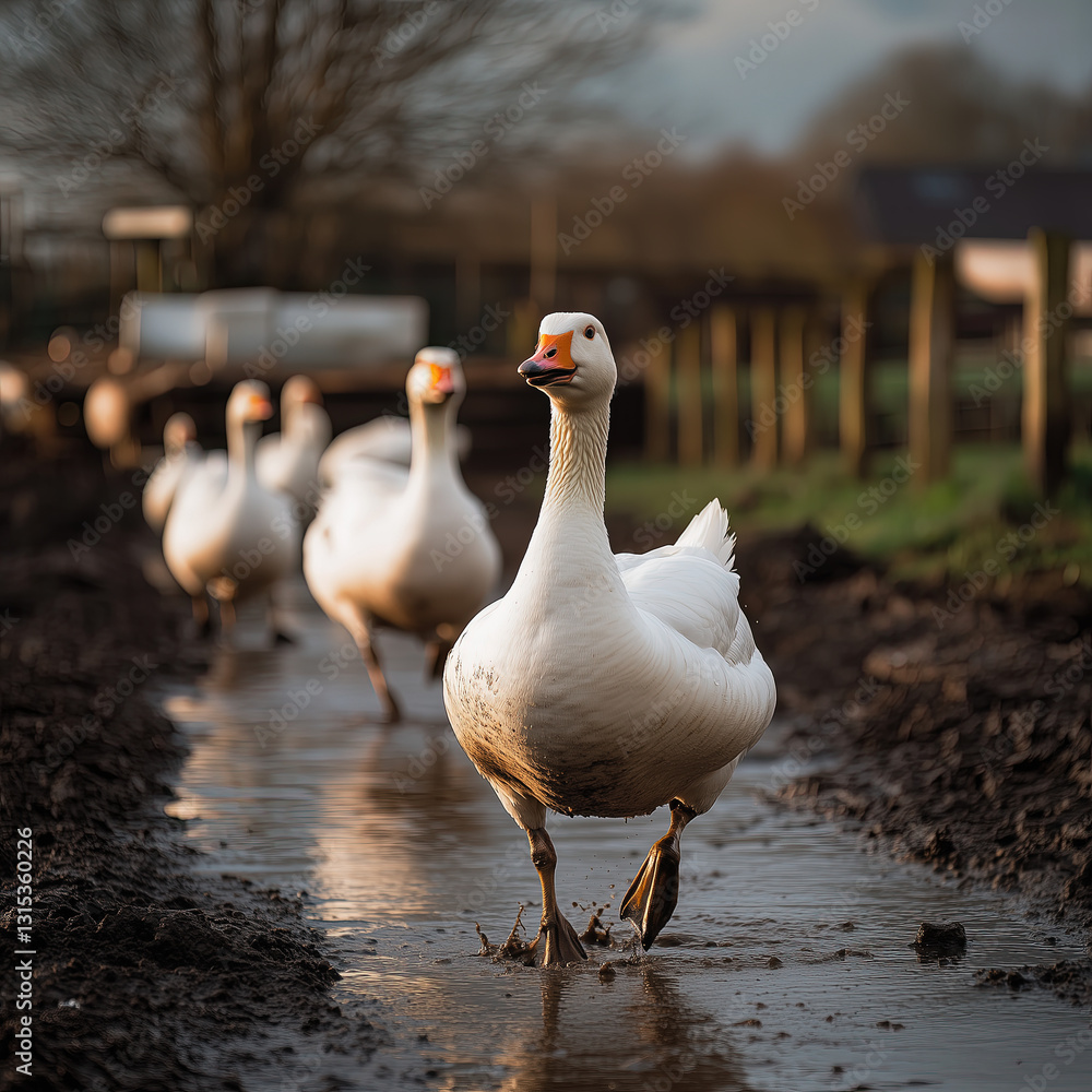 Group of Domestic Geese Waddling Through a Muddy Farmyard