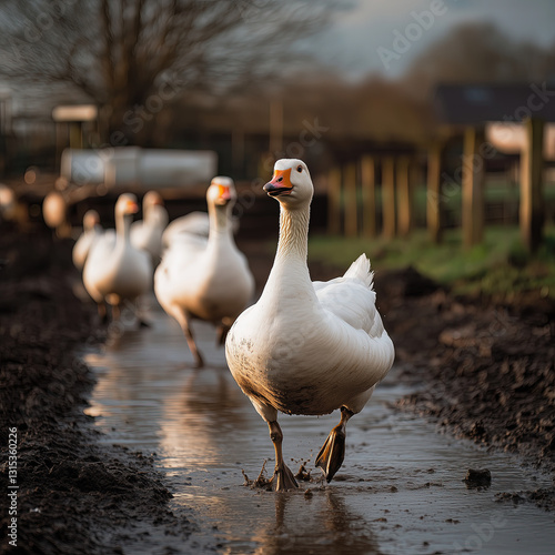 Group of Domestic Geese Waddling Through a Muddy Farmyard