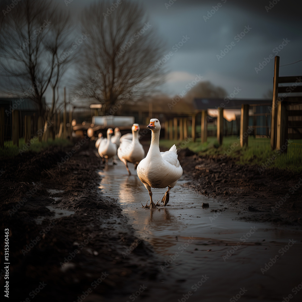 Group of Domestic Geese Waddling Through a Muddy Farmyard