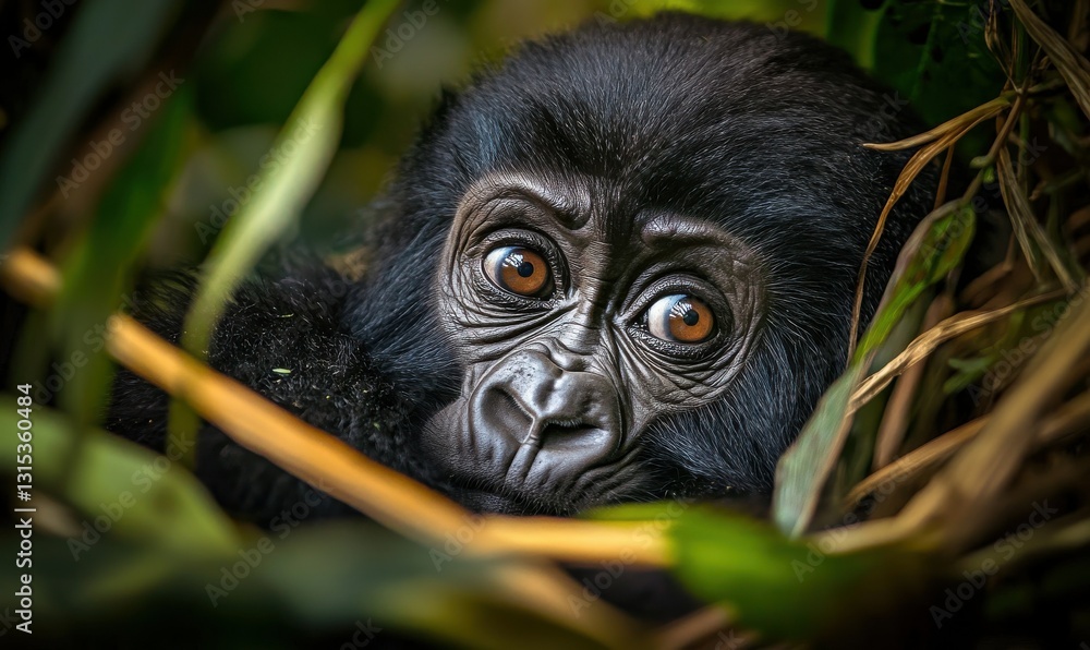 Intense gaze of a gorilla in dramatic lighting, showcasing strength and intelligence in a powerful wildlife portrait Intense gaze of a gorilla in dramatic lighting, showcasing strength and intelligence in a powerful wildlife portrait