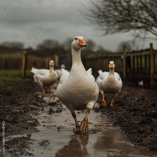 Obraz na płótnie Group of Domestic Geese Waddling Through a Muddy Farmyard w salonie