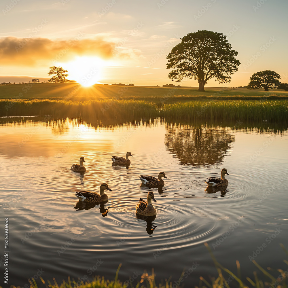 Ducks Swimming on a Pond at Sunrise