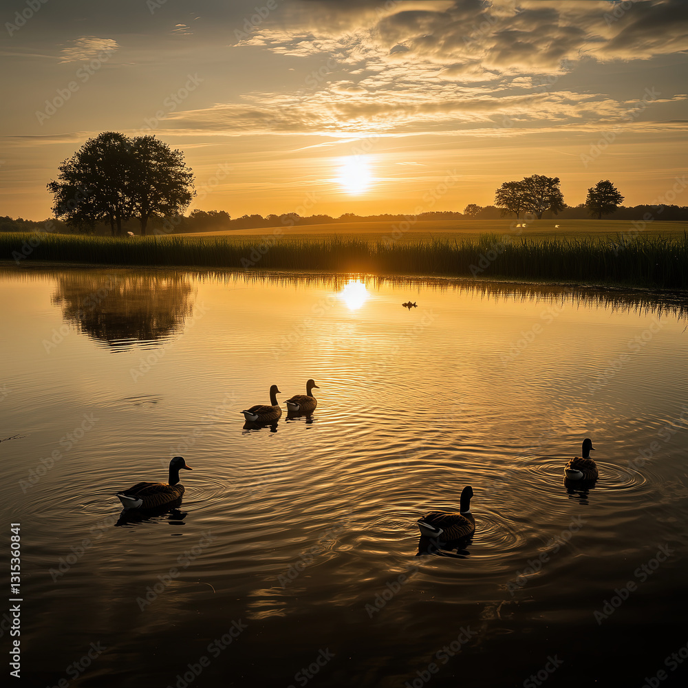 Ducks Swimming on a Pond at Sunrise