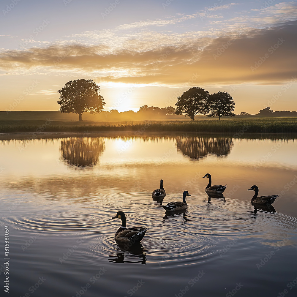 Ducks Swimming on a Pond at Sunrise