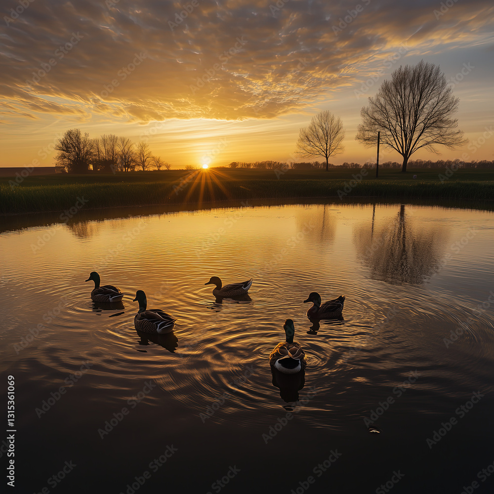 Ducks Swimming on a Pond at Sunrise