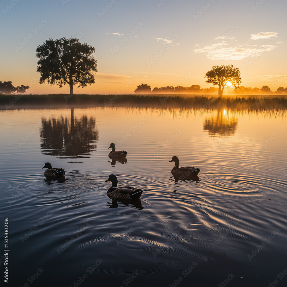 Ducks Swimming on a Pond at Sunrise