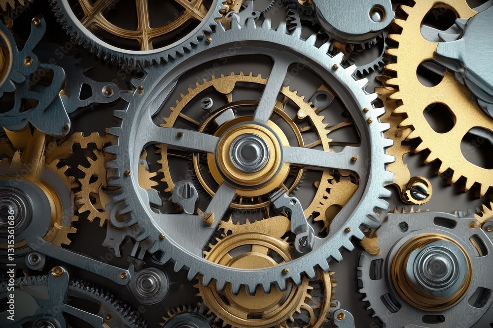 Intricate collection of silver and gold gears showcasing mechanical craftsmanship Intricate collection of silver and gold gears showcasing mechanical craftsmanship