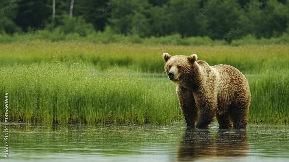 Large brown bear walking in a forest near a pond, reflected in the water Large brown bear walking in a forest near a pond, reflected in the water