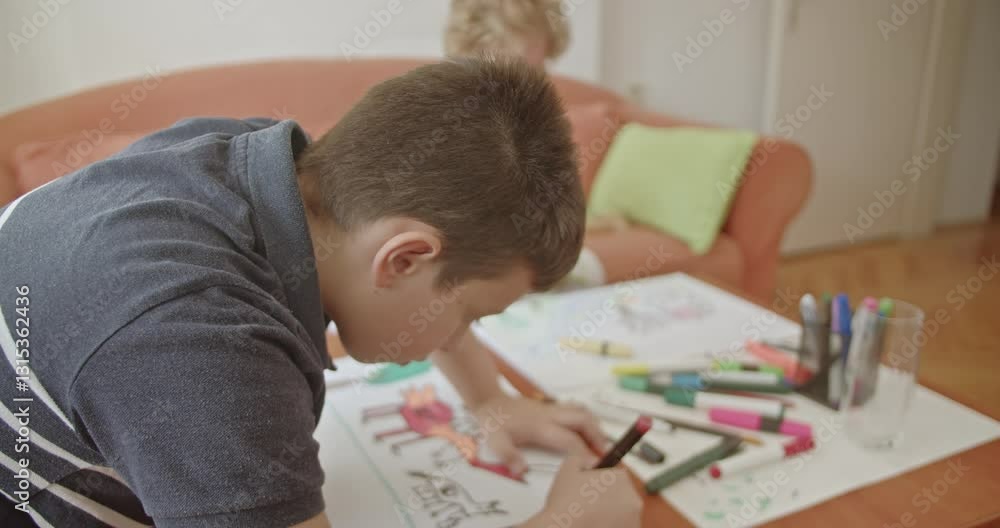 A heartwarming scene of a grandmother and grandson bonding over art, drawing with colorful markers in the living room. A heartwarming scene of a grandmother and grandson bonding over art, drawing with colorful markers in the living room.