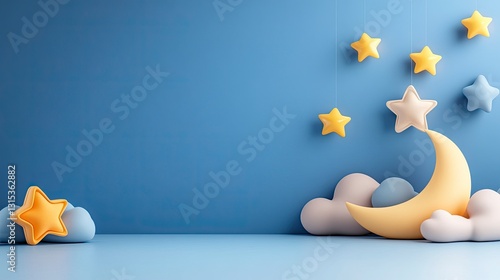 Pastel moon, stars, and clouds on a blue background.  Perfect for baby shower, nursery, or sleep-related designs.