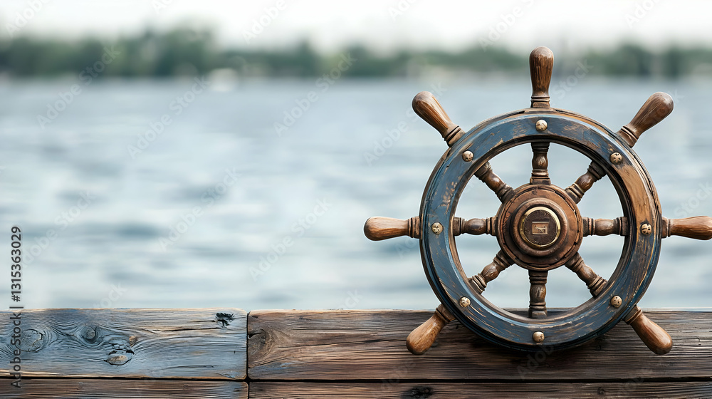 Obraz premium An Antique Captains Ship Wheel Made Of Brown Wood with Eight Handles Mounted On A Rustic Wooden Deck Overlooking Blue Water with Blurred Trees In The