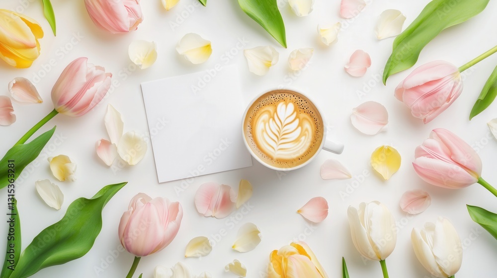Cup of coffee with latte art surrounded by fresh tulips and scattered petals on a white background. A blank card for a message, greeting, or invitation. A floral and coffee composition for seasonal or Cup of coffee with latte art surrounded by fresh tulips and scattered petals on a white background. A blank card for a message, greeting, or invitation. A floral and coffee composition for seasonal or