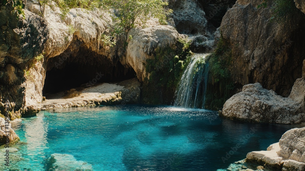 Naklejka premium Serene Waterfall cascading into a hidden turquoise pool nestled within a natural rock cave. An idyllic scene of tranquility in nature's embrace.