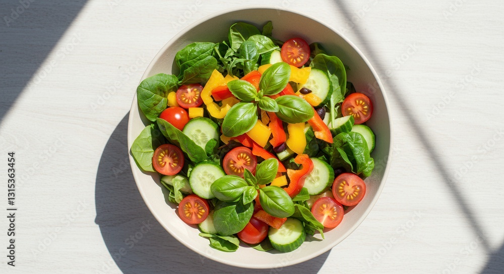 Fresh Vegetable Salad with Basil and Tomato, Healthy Eating Concept Fresh Vegetable Salad with Basil and Tomato, Healthy Eating Concept