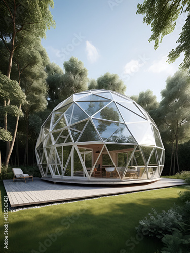 A geodesic dome house made of metal and glass 1_SwinIR