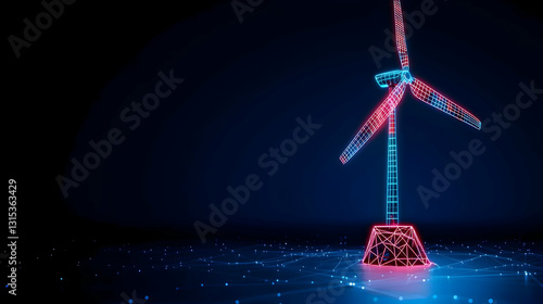 Red And Blue Glowing Low Poly Wind Turbine On A Dark Background With A Network Of Connections For Renewable Energy
