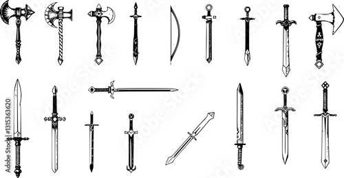 Engraved fantasy weapon icon set. Monochrome vintage vector illustrations of medieval arms.
