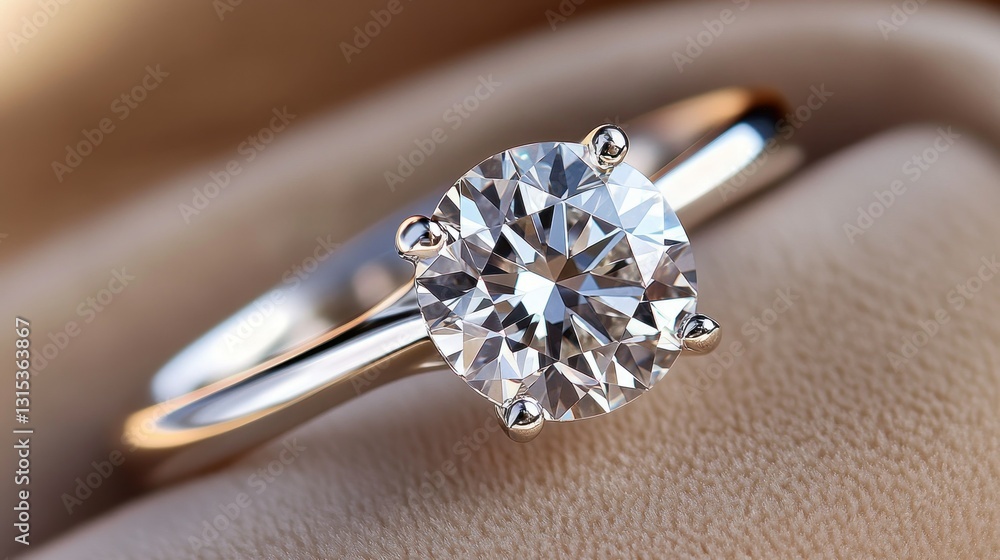 Diamond ring with silver band on beige fabric close-up, sparkling gem Diamond ring with silver band on beige fabric close-up, sparkling gem