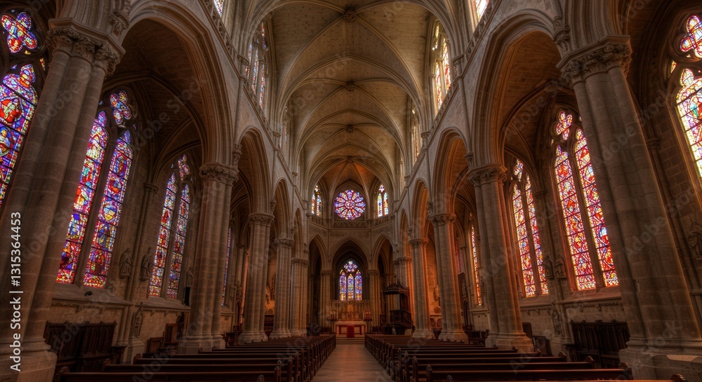 Fototapeta premium Exploring a Grand Cathedral Interior with Stained Glass and Stone Arches