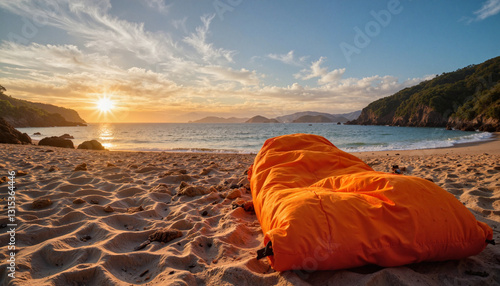 Vibrant orange sleeping bag on sandy beach at sunrise, tranquility