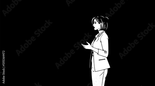 Outline of a confident businesswoman presenting ideas leadership concept vector art.