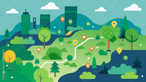 The map revealed the locations of green spaces and parks highlighted by data points representing the air quality and pollution levels in the area.. Vector illustration
