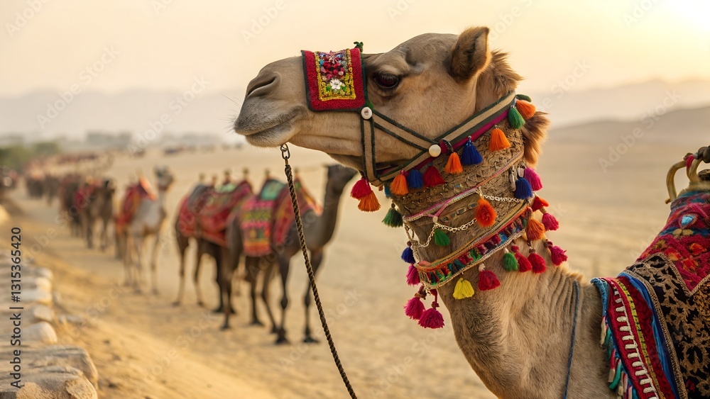 Fototapeta premium Photo Majestic Camel Colorful Bridle Desert Oasis ,Camel in desert camel fair festival empty,A camel in the foreground wearing a beautifully decorated, colorful traditional harness adorned PIC
