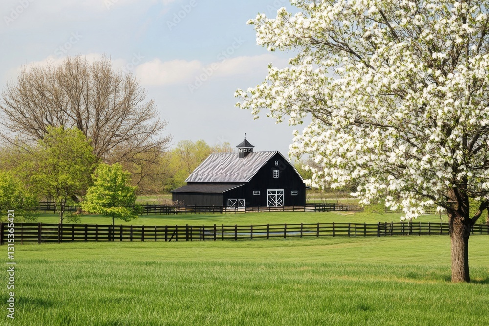 A charming black barn sits nestled among lush green fields and vibrant, blooming trees, creating a picturesque rural landscape that comes alive in the beauty of springtime A charming black barn sits nestled among lush green fields and vibrant, blooming trees, creating a picturesque rural landscape that comes alive in the beauty of springtime