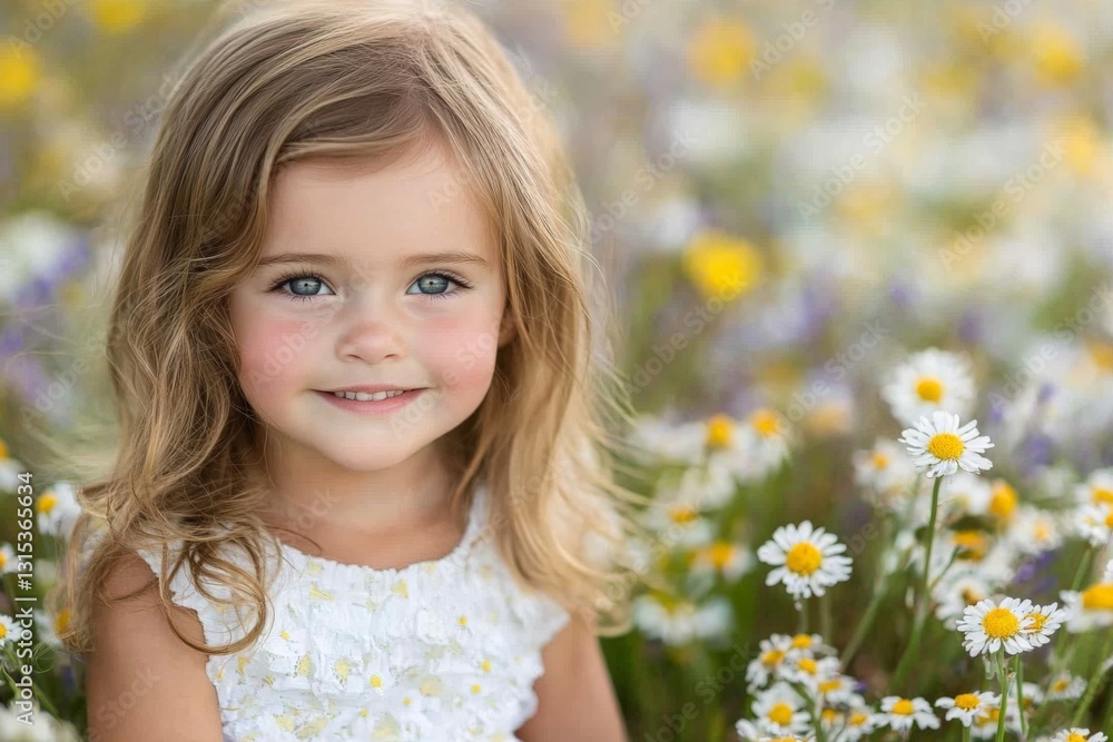 Child enjoying a sunny day in a wildflower field with cheerful daisies and colorful blooms around her Child enjoying a sunny day in a wildflower field with cheerful daisies and colorful blooms around her
