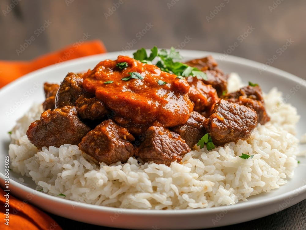 Flavorful plate of savory beef chunks paired with soft plain rice served on a clean dish ready for enjoyment Flavorful plate of savory beef chunks paired with soft plain rice served on a clean dish ready for enjoyment