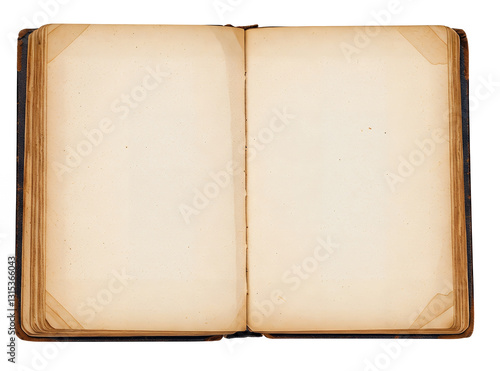 Antique Open Blank Book with Aged Yellowed Pages and Worn Leather Cover