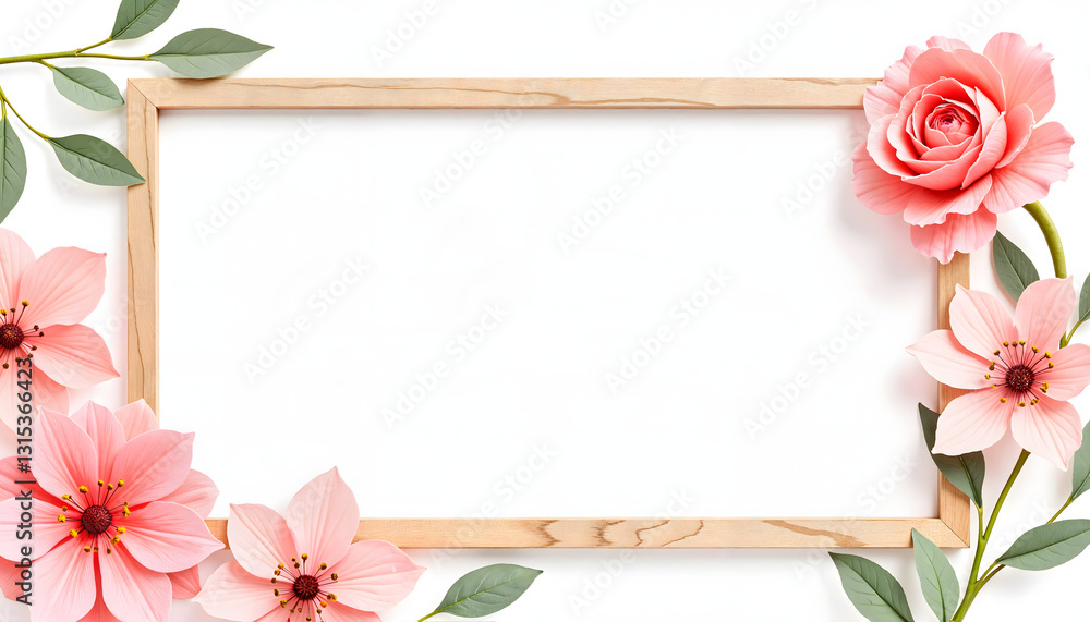 Fototapeta premium Romantic illustration with wooden frame and hand-painted paper flowers
