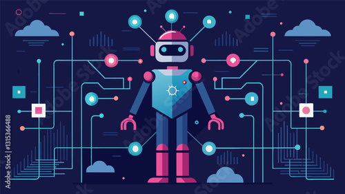 The AI entity stands surrounded by a labyrinth of data streams its advanced algorithms able to quickly navigate and extract valuable insights.. Vector illustration