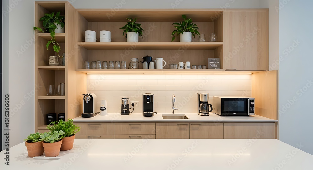 Fototapeta premium High-Tech Startup Office: Sleek Kitchenette & Coffee Bar Ideas for Convenience 