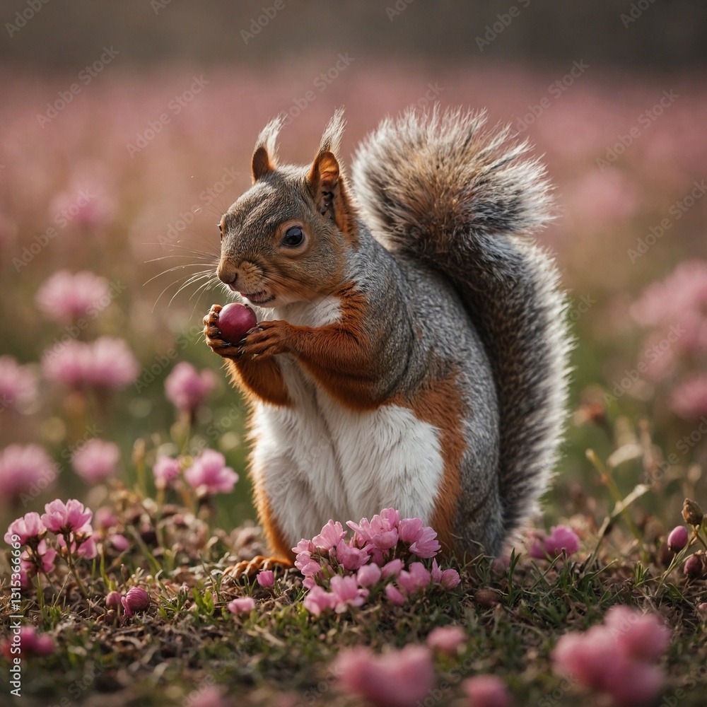 Obraz premium A squirrel holding an acorn in a dreamy pink meadow.