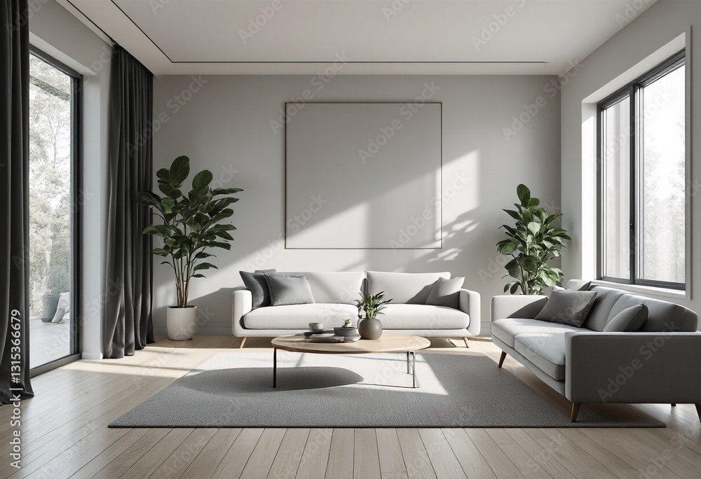 Fototapeta premium A modern minimalist living room with two white couches and a large empty space on the wall.