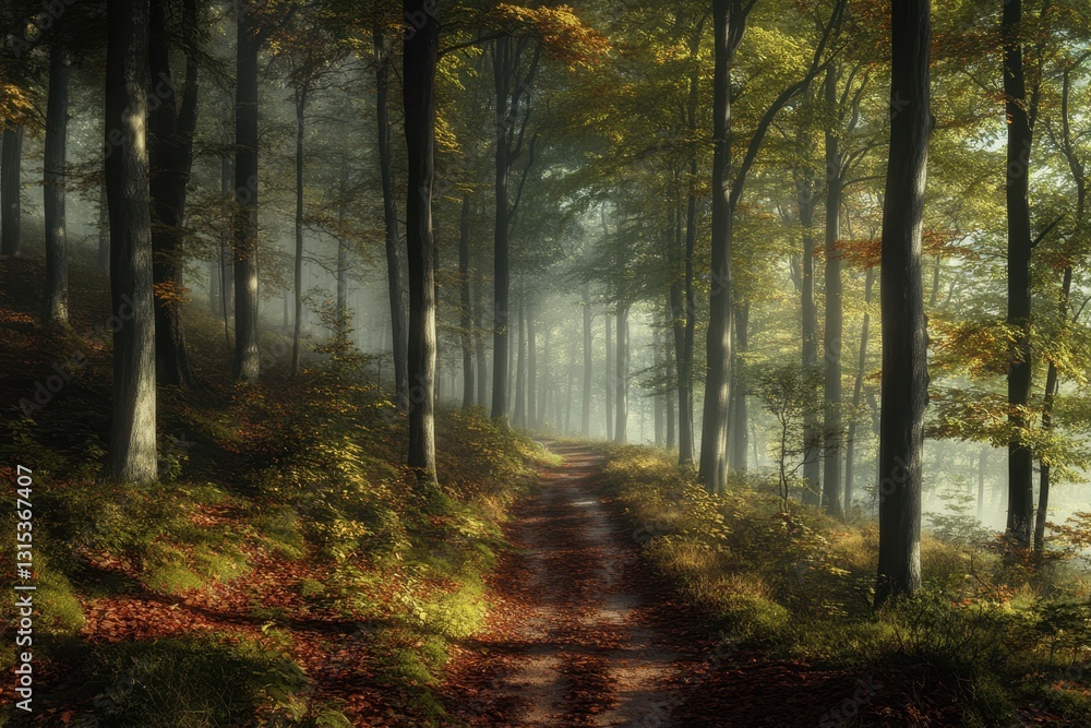 Serene forest path with autumn foliage in early morning mist