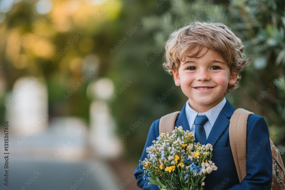 Fototapeta premium Young boy in formal attire holding a bouquet and smiling on a sunny day in a garden