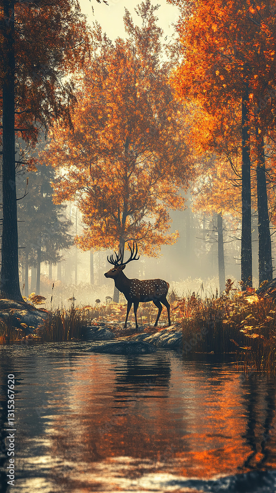 Autumn Serenity with Deer by the River Autumn Serenity with Deer by the River