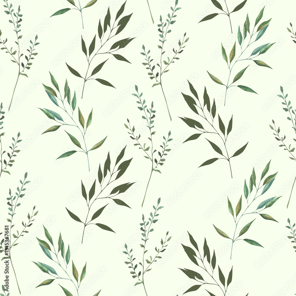Seamless pattern with watercolor illustrations of various herbs. Seamless texture with hand-drawn green branches. Ideal for wedding, birthday, seasonal holidays. Seamless pattern with watercolor illustrations of various herbs. Seamless texture with hand-drawn green branches. Ideal for wedding, birthday, seasonal holidays.