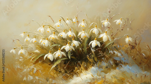 Beautiful artistic oil painting, first spring flowers, cluster of white snowdrops, hand painted image with spring motif