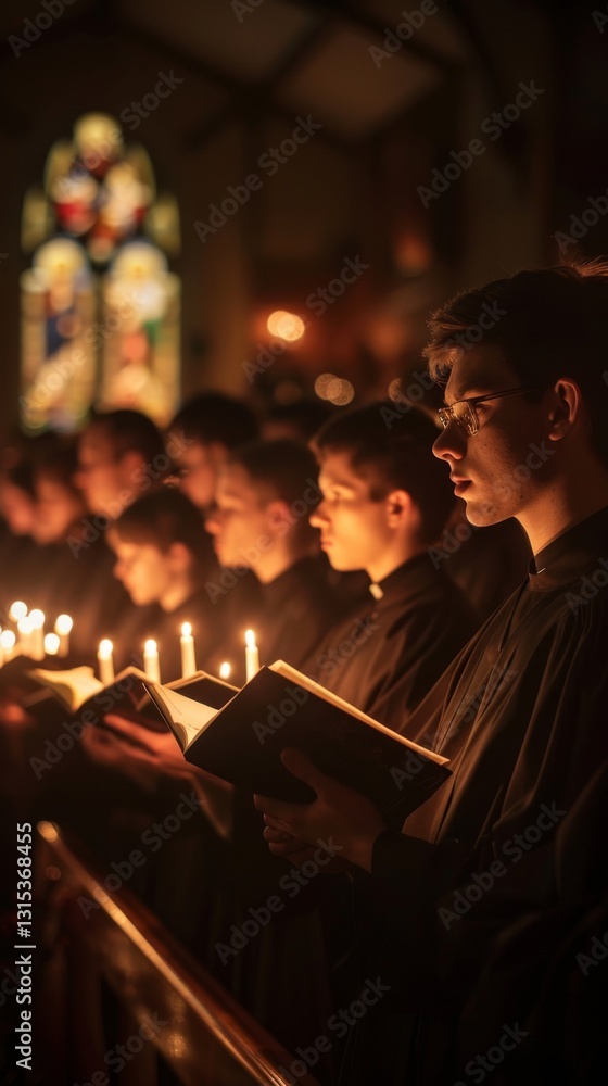 Obraz premium Choir members holding candles while singing in a dimly lit chapel during a religious ceremony at night